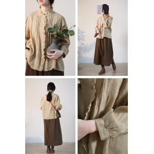 Oversized Pleated Linen Blouse Ruffled Neck Peasant Blouse