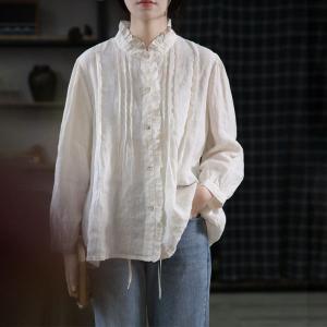 Oversized Pleated Linen Blouse Ruffled Neck Peasant Blouse