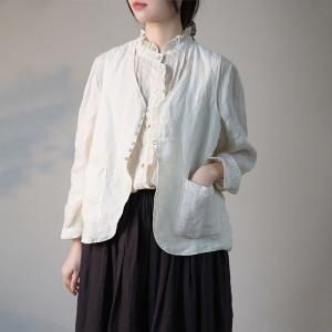 Oversized Pleated Linen Blouse Ruffled Neck Peasant Blouse