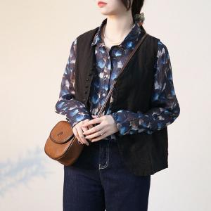 Blue Ginkgo Leaf Ramie Blouse Long Sleeves Business Casual Shirt