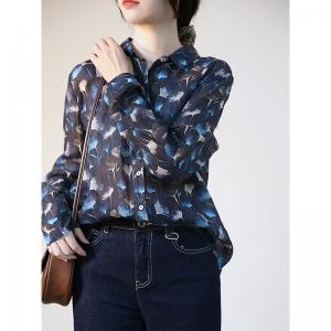 Blue Ginkgo Leaf Ramie Blouse Long Sleeves Business Casual Shirt