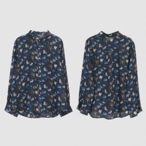 Blue Ginkgo Leaf Ramie Blouse Long Sleeves Business Casual Shirt