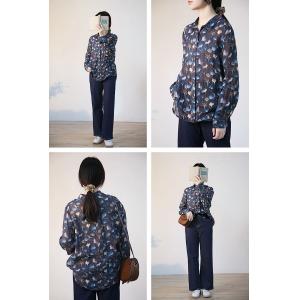 Blue Ginkgo Leaf Ramie Blouse Long Sleeves Business Casual Shirt