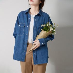 BF Style Blue Denim Shacket Cotton Linen Oversized Shirt