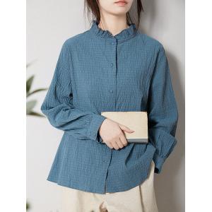Casual Cozy Cotton Blouse Pleated Long Sleeves Blouse