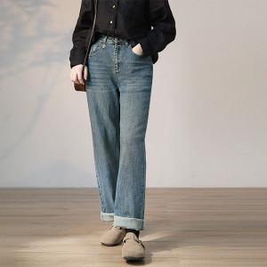 Street Style High Rise Jeans Baggy Straight Legs Cuffed Jeans