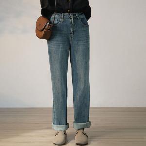 Street Style High Rise Jeans Baggy Straight Legs Cuffed Jeans