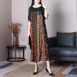 Totem Printing Ankle Length Dress Silk Vintage Loose Dress