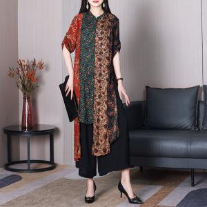 Asymmetric Length Silk Printed Tunic with Black Wide Leg Pants