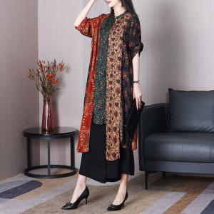 Asymmetric Length Silk Printed Tunic with Black Wide Leg Pants