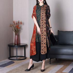 Asymmetric Length Silk Printed Tunic with Black Wide Leg Pants