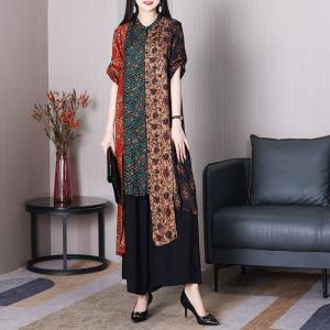 Asymmetric Length Silk Printed Tunic with Black Wide Leg Pants