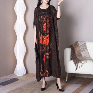 Red Peony Silk Caftan Dress Bat Sleeves Moroccan Dress