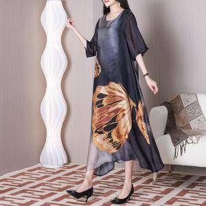 Big Flowers Silky Dress Cozy Elegant Spring Dress