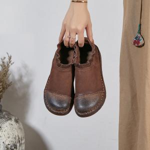 Round Toe Leather Vintage Shoes Ankle Wedge Flats