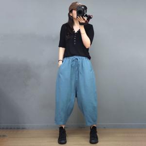 Summer Casual Cotton Pull-On Capris Beach Plain Travel Pants