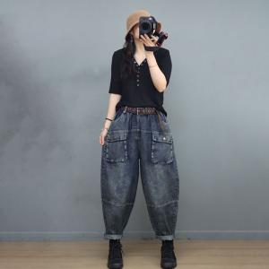 Vertical Front Pockets Baggy Jeans Ladies Stone Wash Jeans