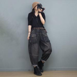 Vertical Front Pockets Baggy Jeans Ladies Stone Wash Jeans