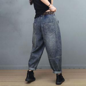 Vertical Front Pockets Baggy Jeans Ladies Stone Wash Jeans