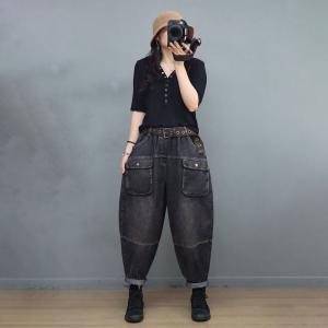 Vertical Front Pockets Baggy Jeans Ladies Stone Wash Jeans