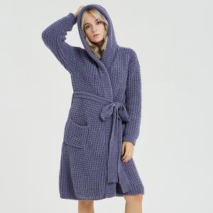 Mid-Length Belted Hooded Bathrobe Plain Comfy Sleepwear