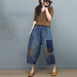 Colored Patchwork Baggy Jeans Button Fly Boyfriend Ankle Jeans