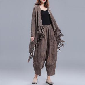 Gypsy Style Waterfall Cardigan Dark Coffee Linen Tassel Cardigan