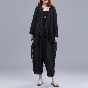 Spring Linen Slouchy Cardigan Black Fringed Waterfall Cardigan