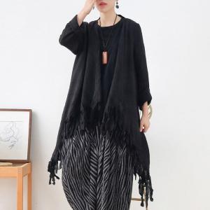 Spring Linen Slouchy Cardigan Black Fringed Waterfall Cardigan