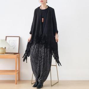 Spring Linen Slouchy Cardigan Black Fringed Waterfall Cardigan