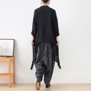 Spring Linen Slouchy Cardigan Black Fringed Waterfall Cardigan