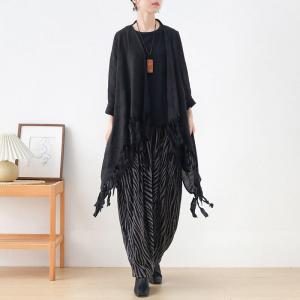 Spring Linen Slouchy Cardigan Black Fringed Waterfall Cardigan