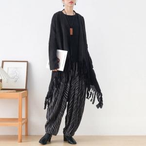 Spring Linen Slouchy Cardigan Black Fringed Waterfall Cardigan