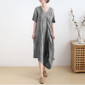 Slanted V-Neck Linen Resort Dress Asymmetrical Short Sleeves Dress