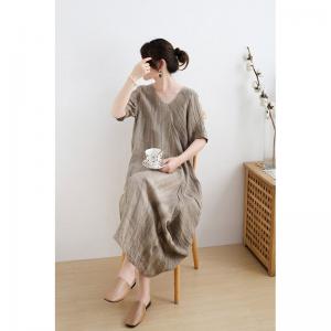 Slanted V-Neck Linen Resort Dress Asymmetrical Short Sleeves Dress