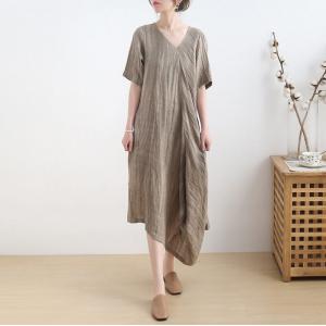 Slanted V-Neck Linen Resort Dress Asymmetrical Short Sleeves Dress