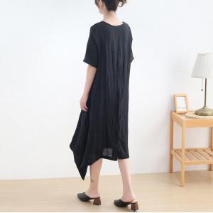 Slanted V-Neck Linen Resort Dress Asymmetrical Short Sleeves Dress