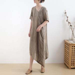 Slanted V-Neck Linen Resort Dress Asymmetrical Short Sleeves Dress