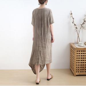 Slanted V-Neck Linen Resort Dress Asymmetrical Short Sleeves Dress