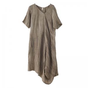Slanted V-Neck Linen Resort Dress Asymmetrical Short Sleeves Dress