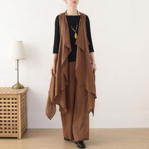 Asymmetrical Linen Beach Waterfall Vest with Linen Wide Leg Pants