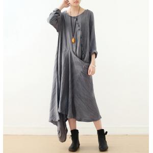 Long Sleeves Linen Designer Dress Slanted Buttons Draped Dress