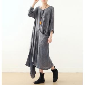 Long Sleeves Linen Designer Dress Slanted Buttons Draped Dress