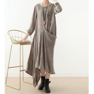 Long Sleeves Linen Designer Dress Slanted Buttons Draped Dress