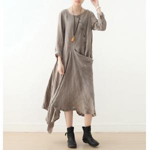 Long Sleeves Linen Designer Dress Slanted Buttons Draped Dress