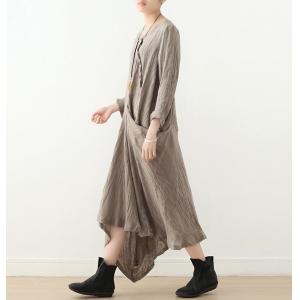 Long Sleeves Linen Designer Dress Slanted Buttons Draped Dress