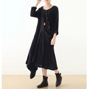 Long Sleeves Linen Designer Dress Slanted Buttons Draped Dress