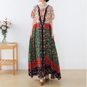 Short Sleeves Silky Tropical Dress Summer Maxi Floral Dress