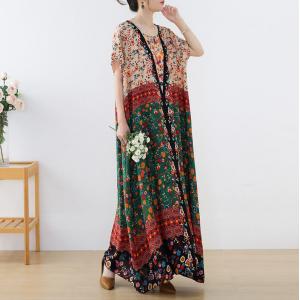 Short Sleeves Silky Tropical Dress Summer Maxi Floral Dress