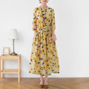 Sunflowers Prints Tied Waist Dress Ramie Yellow Travel Dress